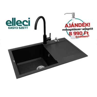 Elleci Easy 300 G40 Nero gránit mosogatótálca ajándék csappal és mosogatószer adagolóval