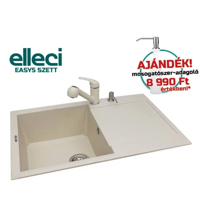 Elleci Easy 300 G62 Bianco Antico gránit mosogatótálca ajándék csappal és mosogatószer adagolóval