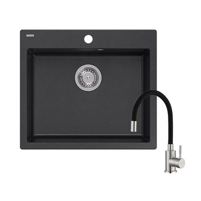 Quadron MORGAN 110 black gránit mosogatótálca 1356 + acél csaptelep fekete flexibilis kifolyócsővel 1351