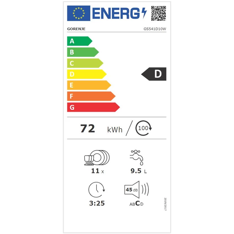 Gorenje mosogatógép szabadonálló GS541D10W Fehér Keskeny