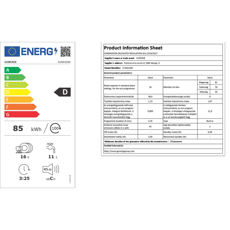 GORENJE GV661D60 Beépíthető Mosogatógép