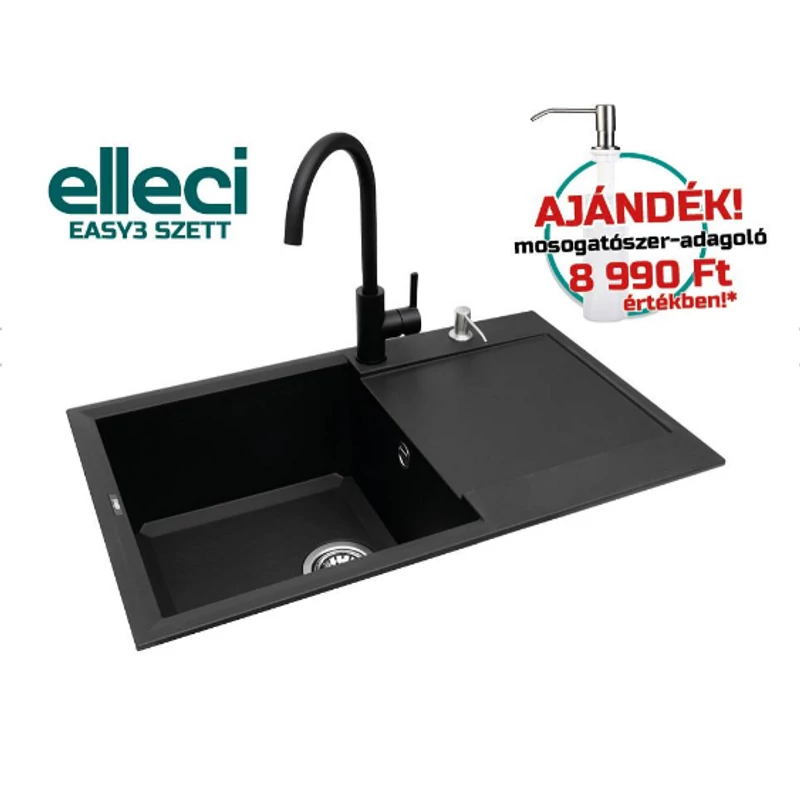 Elleci Easy 300 G40 Nero gránit mosogatótálca ajándék csappal és mosogatószer adagolóval