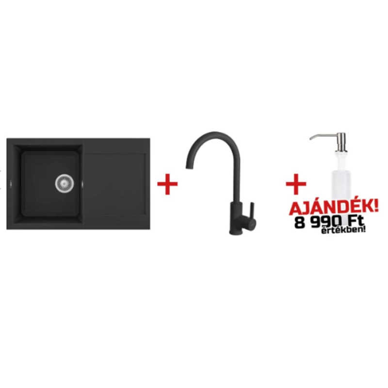 Elleci Easy 300 G40 Nero gránit mosogatótálca ajándék csappal és mosogatószer adagolóval
