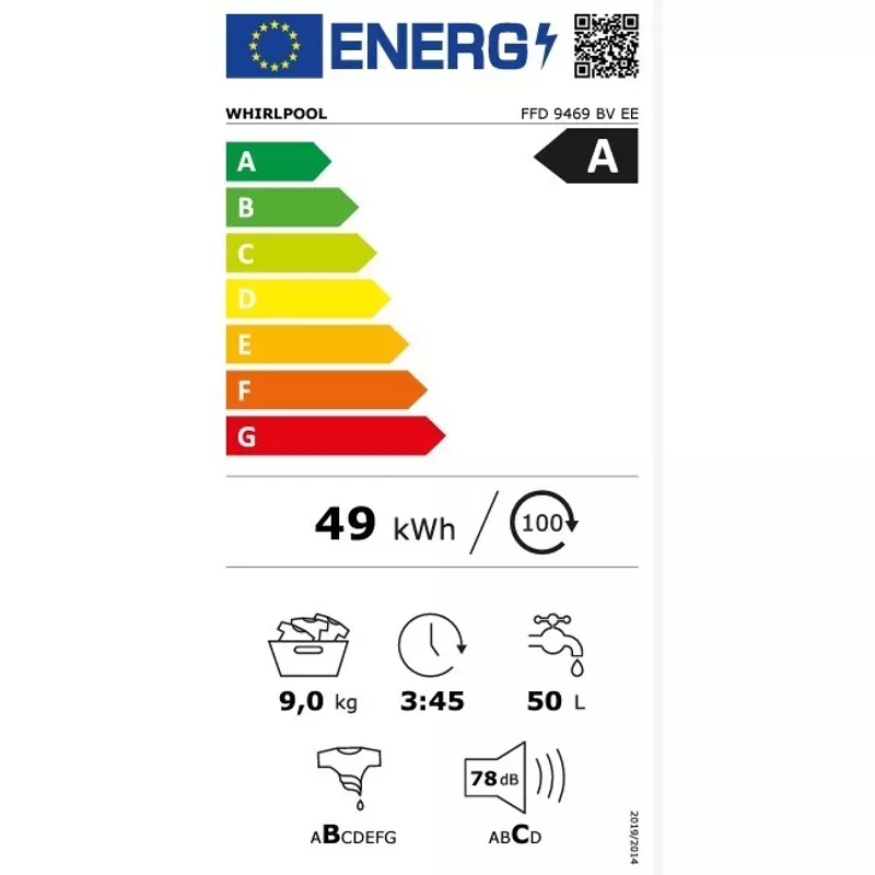 Whirlpool szabadonálló elöltöltős mosógép 9kg FFD 9469 BV EE