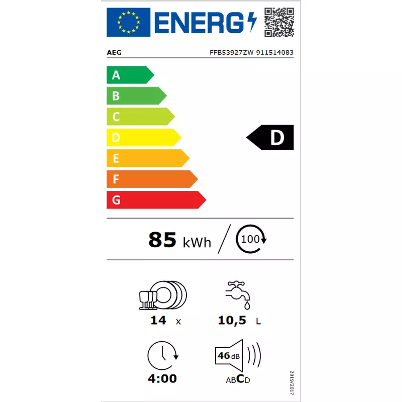 AEG FFB53927ZW Mosogatógép, MaxiFlex fiók, 14 teríték, AirDry, 8 program