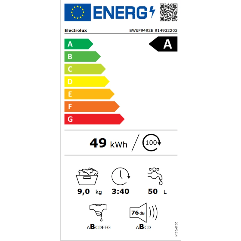 Electrolux EW6F9492E SensiCare 600 elöltöltős mosógép gőzfunkció FullWash 45' E2 9kg 1400f/p