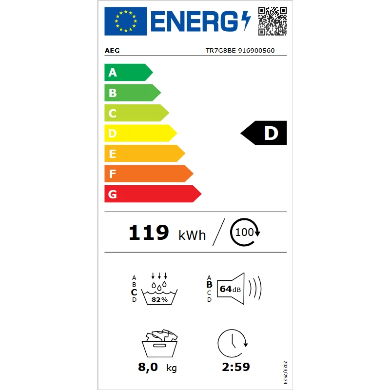 AEG TR7G8BE SensiDry® 7000 hőszivattyús szárítógép 8kg SpeedDry 75min/4kg