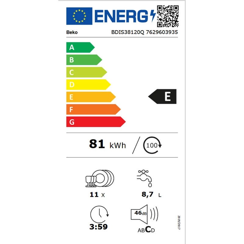 Beko BDIS38120Q teljesen beépíthető mosogatógép 45cm