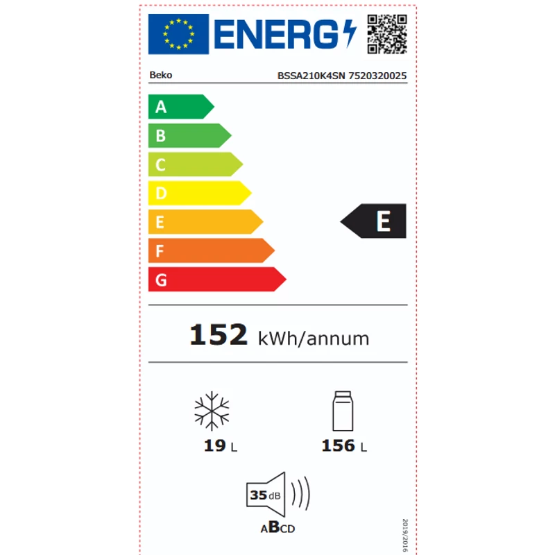 Beko BSSA210K4SN beépíthető egyajtós hűtő fagyasztóval 122cm