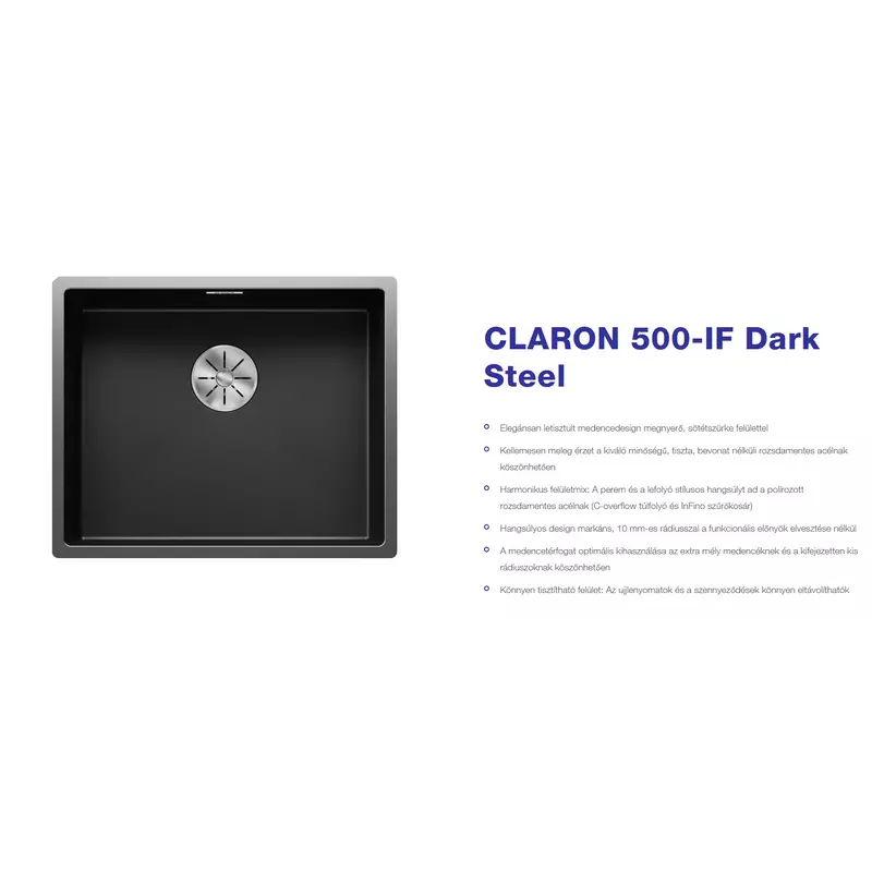Blanco CLARON 500-IF Dark Steel rozsdamentes acél mosogató 540x440x190 527836