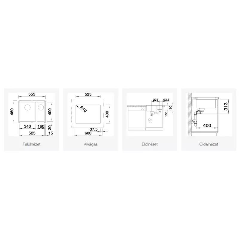 Blanco SUBLINE 340/160-U aláépíthető gránit mosogató balos fekete lefolyó nélkül 527818