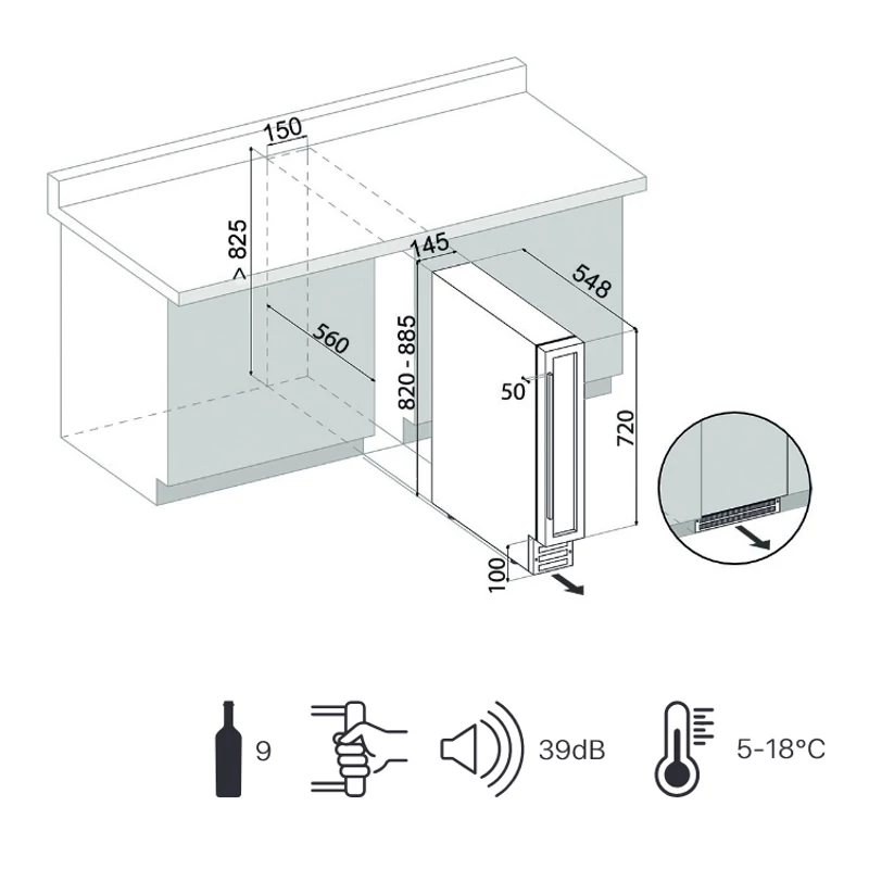 Dunavox DAUF-8.23SS beépíthető borhűtő inox 9 palackos