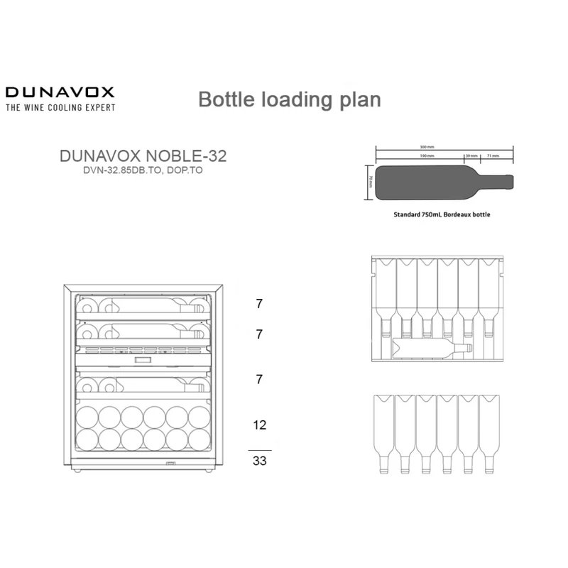 Dunavox DVN-32.85DB.TO beépíthető borhűtő fekete üveg 32 palackos