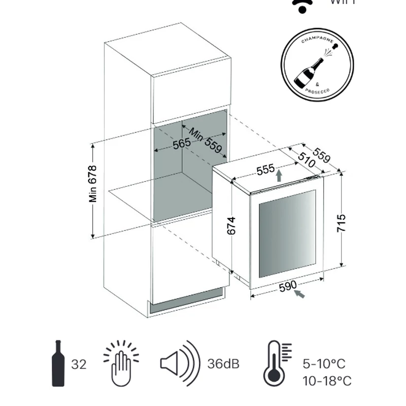 Dunavox DVN-32.85DB.TO beépíthető borhűtő fekete üveg 32 palackos