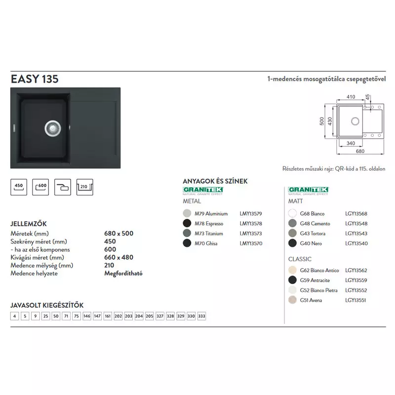 Elleci Easy 135 gránit mosogató medence Avena