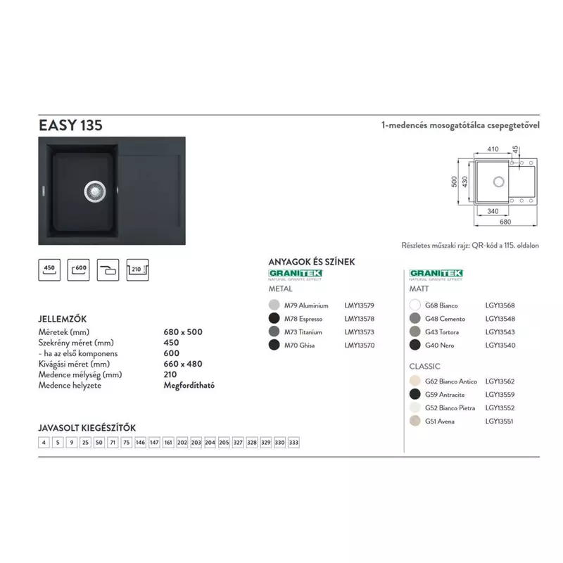 Elleci Easy 135 gránit mosogató medence Nero Full Black