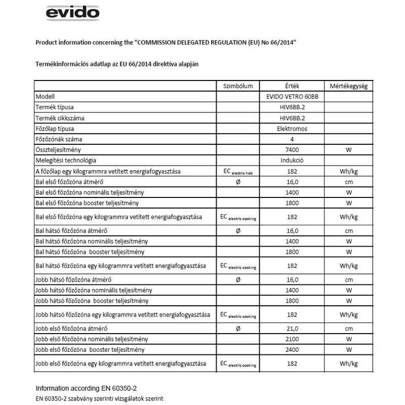 Evido HIV6BB.3 VETRO 60BB beépíthető indukciós főzőlap 60cm