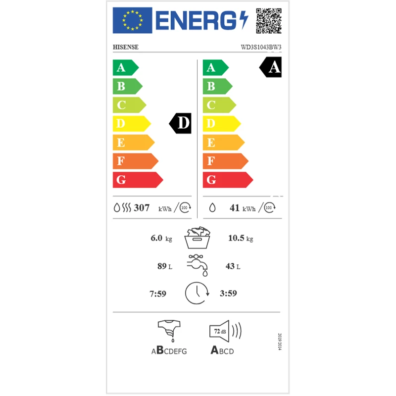 Hisense WD3S1043BW3 előltöltős mosó-szárítógép 10,5/6kg