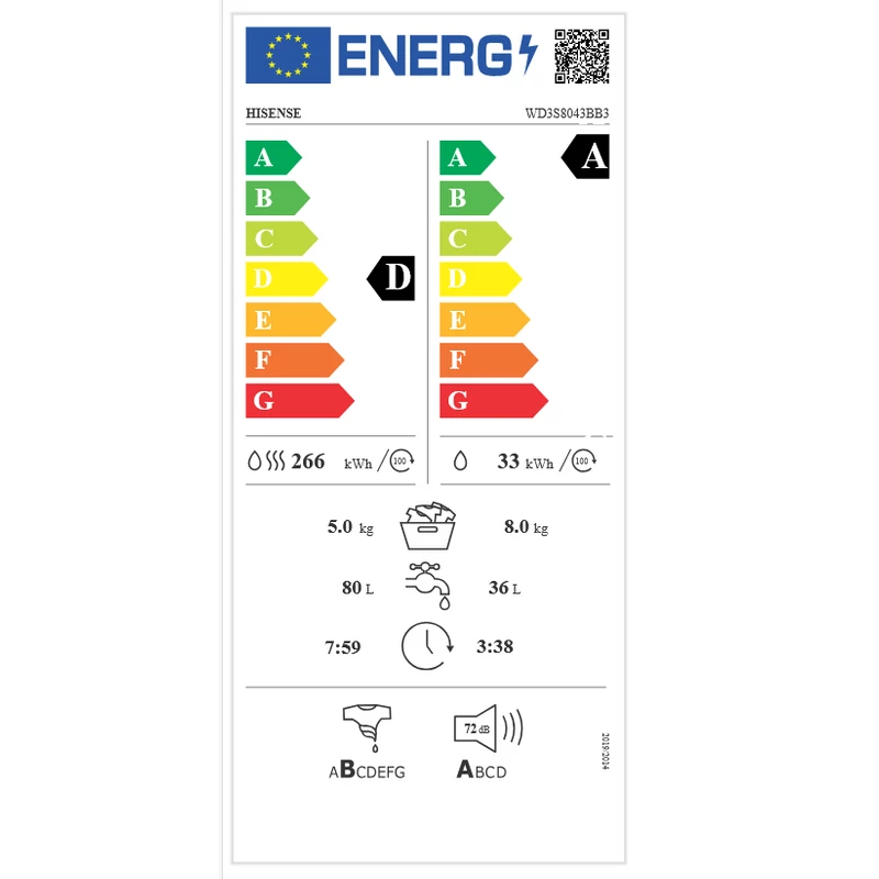 Hisense WD3S8043BB3 előltöltős mosó-szárítógép 8/5kg fekete
