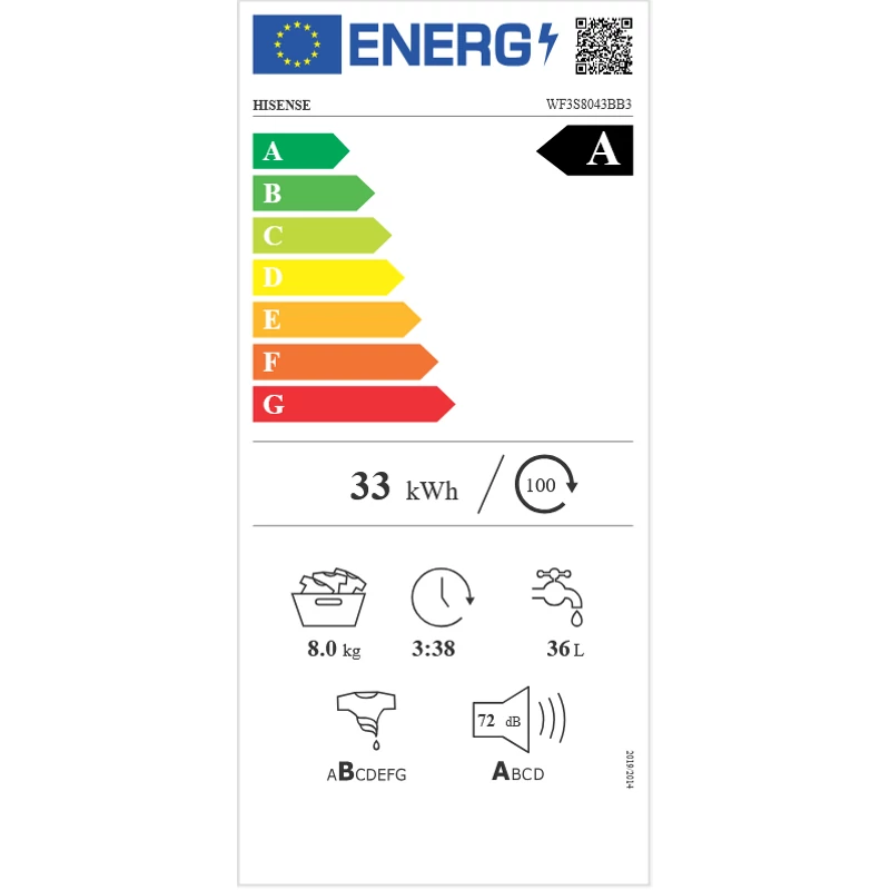 Hisense WF3S8043BB3 elöltöltős mosógép 8kg 54cm mély fekete