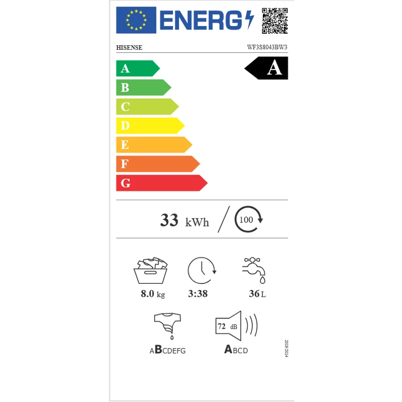 Hisense WF3S8043BW3 elöltöltős mosógép 8kg 54cm mély