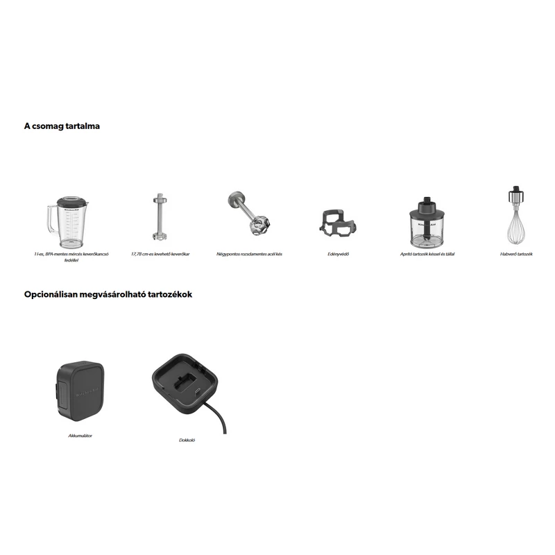 KitchenAid Go 5KHBRV05BM vezeték nélküli botmixer szett kiegészítőkkel fekete akkumulátor nélkül