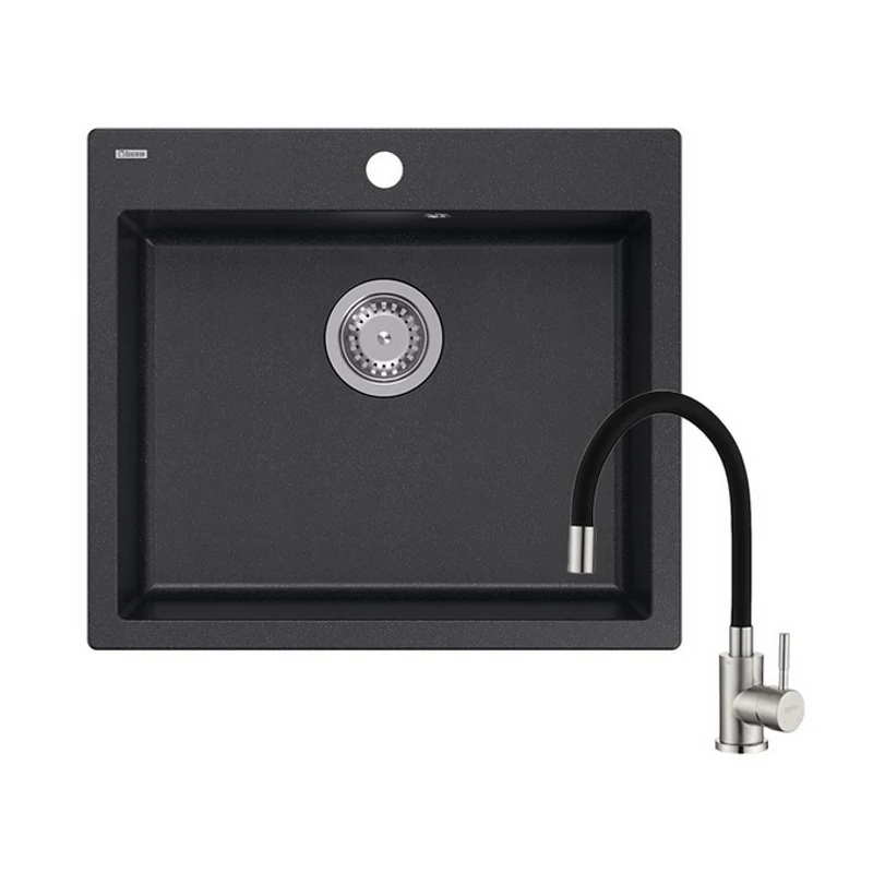 Quadron MORGAN 110 black gránit mosogatótálca 1356 + acél csaptelep fekete flexibilis kifolyócsővel 1351