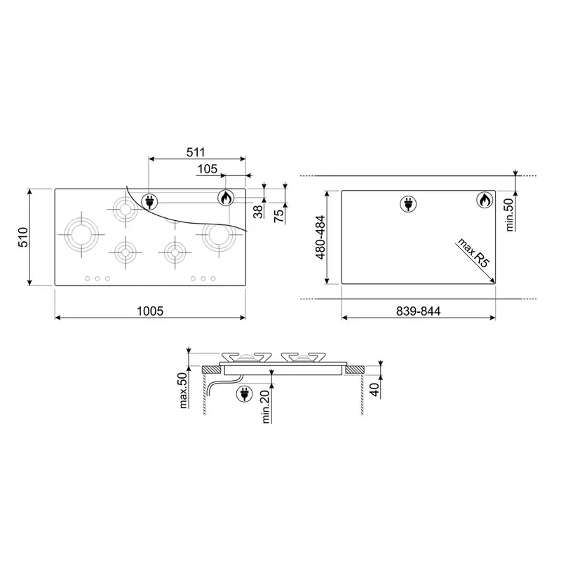 Smeg P106ES beépíthető gáz főzőlap Piano Design rozsdamentes acél 100cm