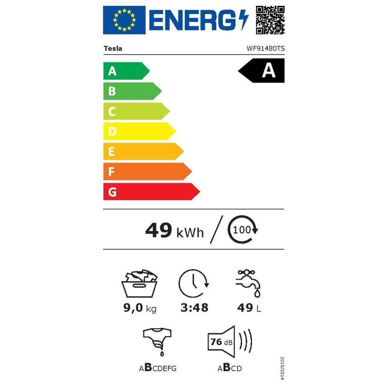 Tesla WF91480TS elöltöltős mosógép ezüst 9kg 1400f/p