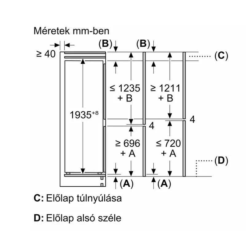 Bosch KBN96VFE0 XXL beépíthető alulfagyasztós hűtő NoFrost Home Connect laposzsanér 194x71x55cm Serie4