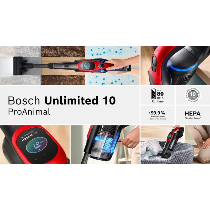 Bosch BCS1041PET vezeték nélküli porszívó Unlimited 10 ProAnimal MicroClean piros