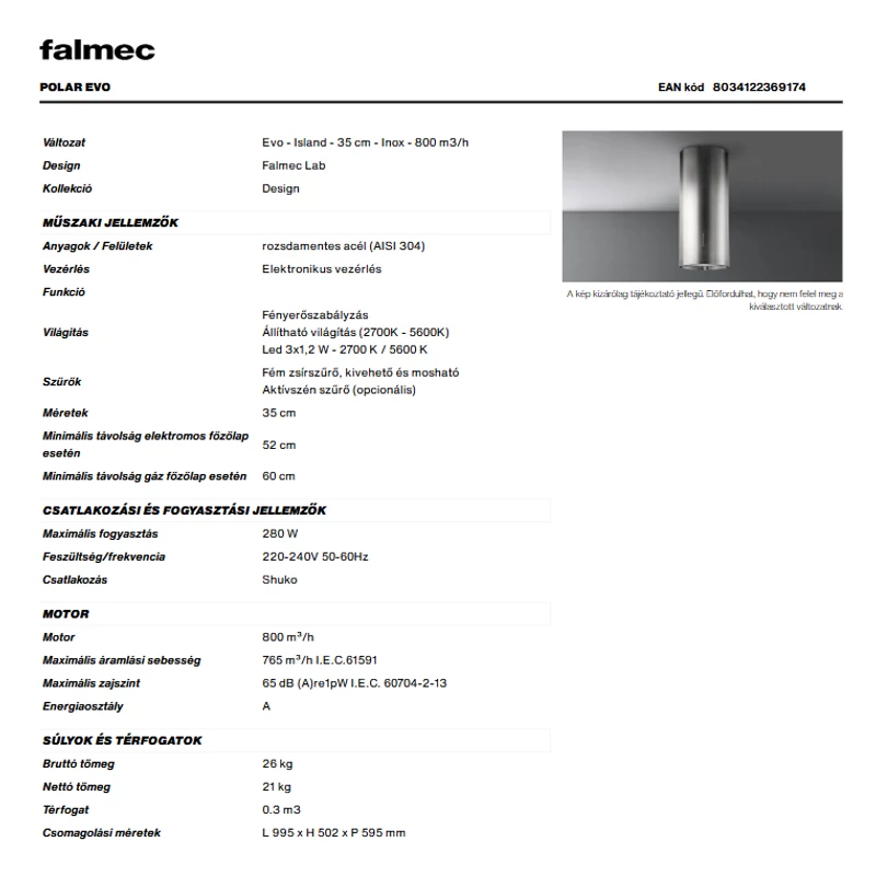 Falmec POLAR EVO sziget páraelszívó 35cm inox 2369174