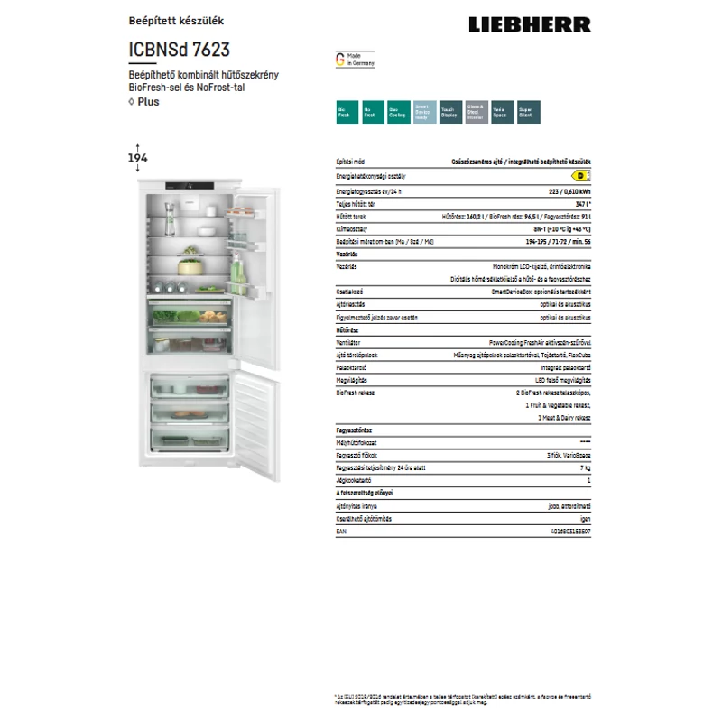Liebherr ICBNSd 7623 Plus beépíthető alulfagyasztós hűtő BioFresh funkcióval 194x71cm