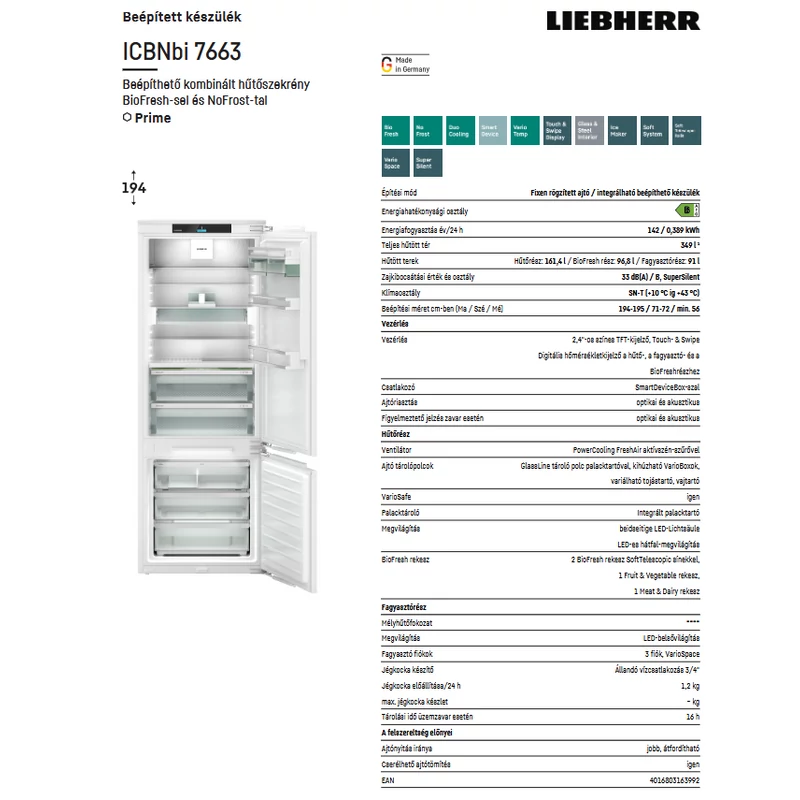 Liebherr ICBNbi 7663 Prime beépíthető alulfagyasztós hűtő BioFresh funkcióval 194x71cm
