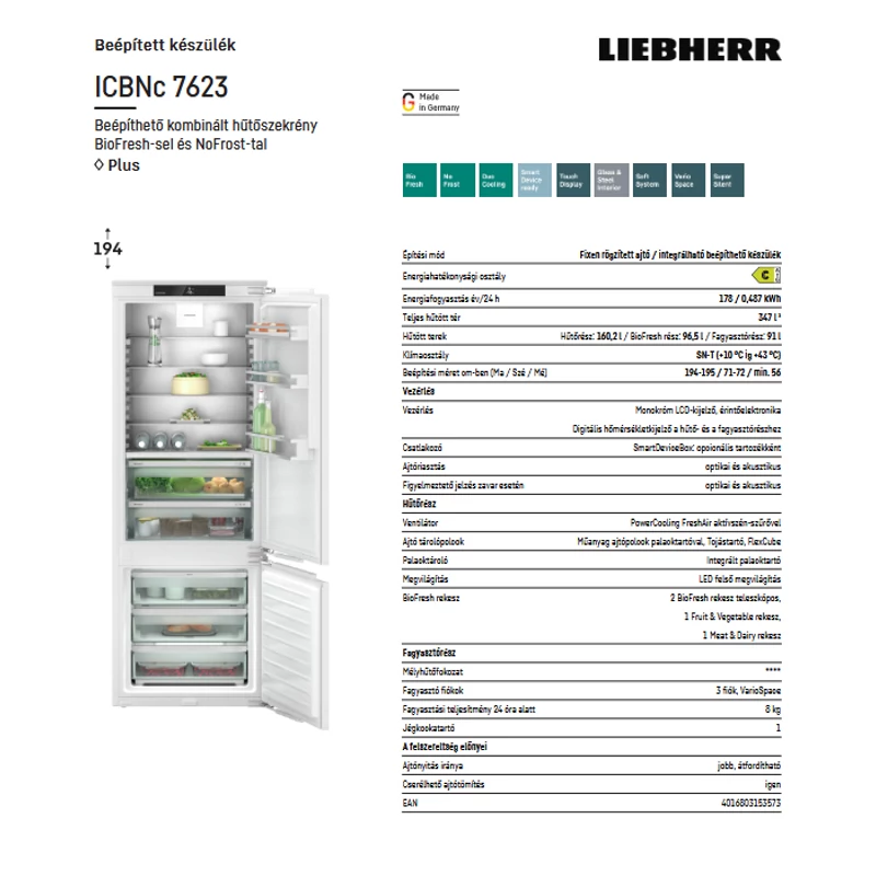 Liebherr ICBNc 7623 Plus beépíthető alulfagyasztós hűtő BioFresh funkcióval 194x71cm