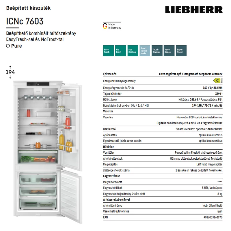 Liebherr ICNc 7603 Pure beépíthető alulfagyasztós hűtő EasyFresh funkcióval 194x71cm