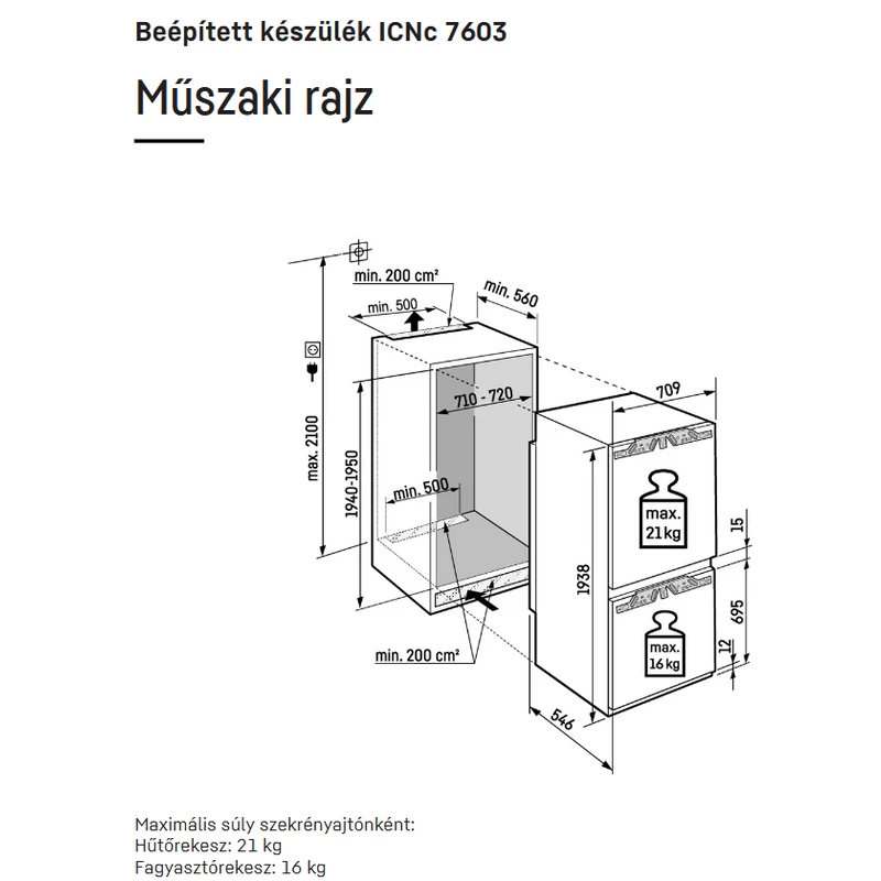 Liebherr ICNc 7603 Pure beépíthető alulfagyasztós hűtő EasyFresh funkcióval 194x71cm