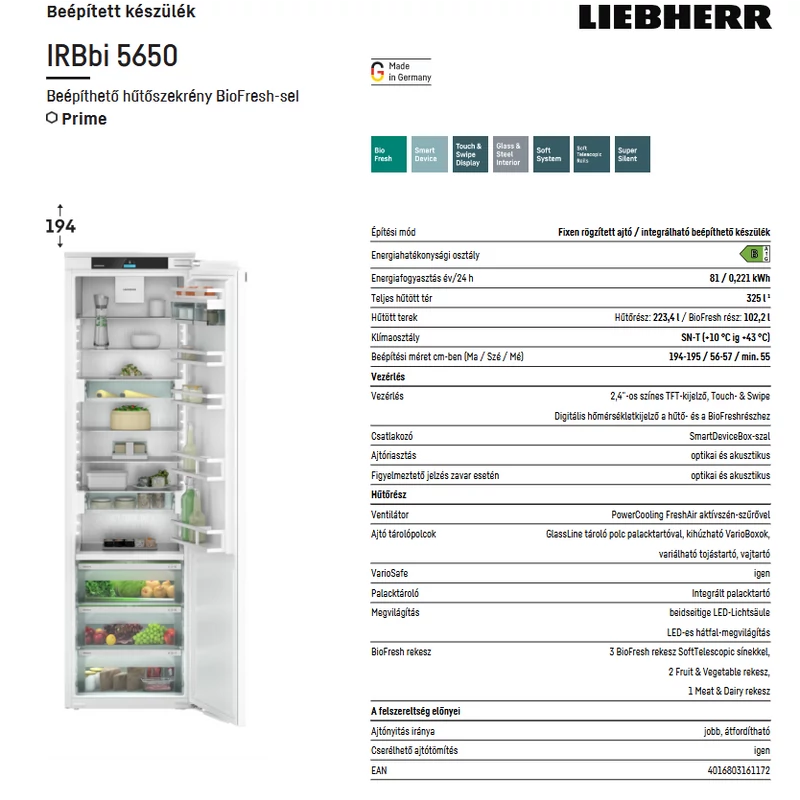 Liebherr IRBbi 5650 Prime beépíthető egyajtós hűtő BioFresh funkcióval 194x56cm