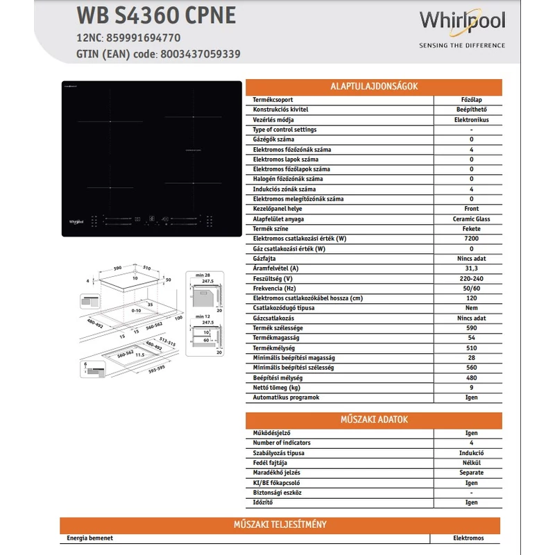 WHIRLPOOL WB S4360 CPNE beépíthető indukciós főzőlap