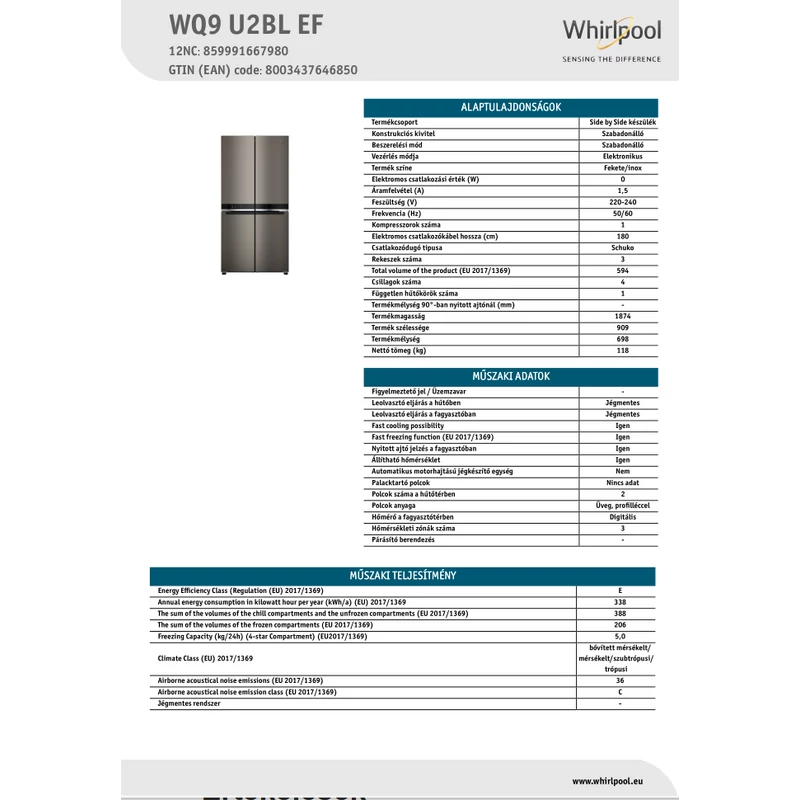 Whirlpool WQ9 U2BL EF szabadonálló négyajtós hűtőszekrény