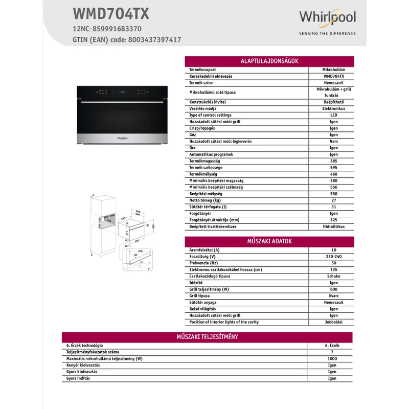 WHIRLPOOL BEÉPÍTHETŐ MIKROHULLÁMÚ SÜTŐ WMD7O4TSG