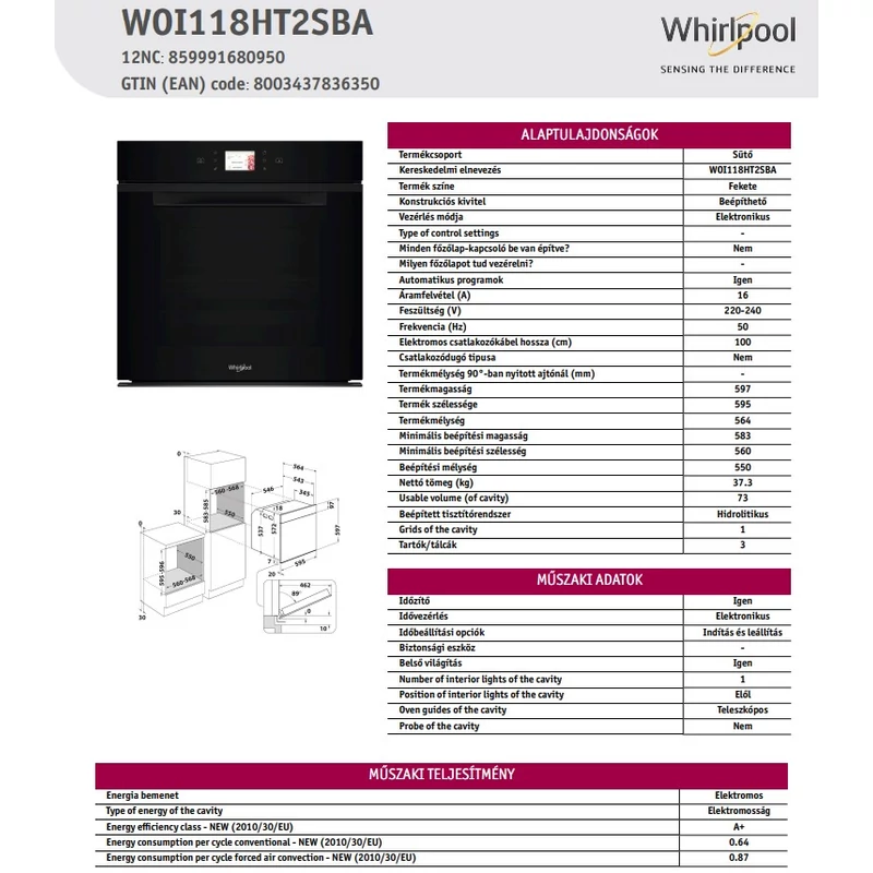 WHIRLPOOL BEÉPÍTHETŐ SÜTŐ WOI118HT2SBA