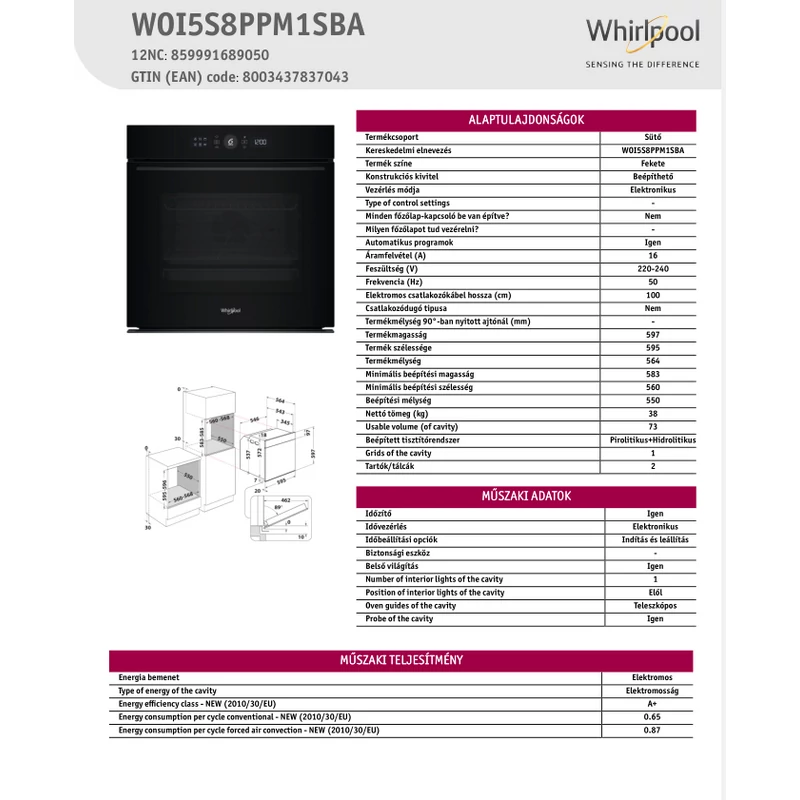 Whirlpool WOI5S8PPM1SBA Beépíthető sütő
