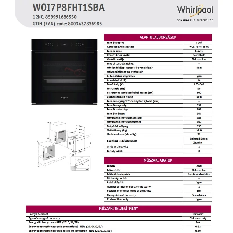 WHIRLPOOL WOI7P8FHT1SBA BEÉPÍTHETŐ GŐZSÜTŐ