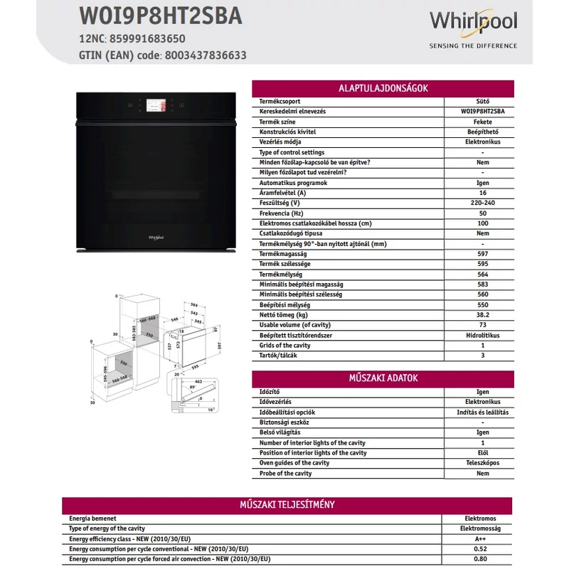 WHIRLPOOL WOI9P8HT2SBA BEÉPÍTHETŐ GŐZSÜTŐ
