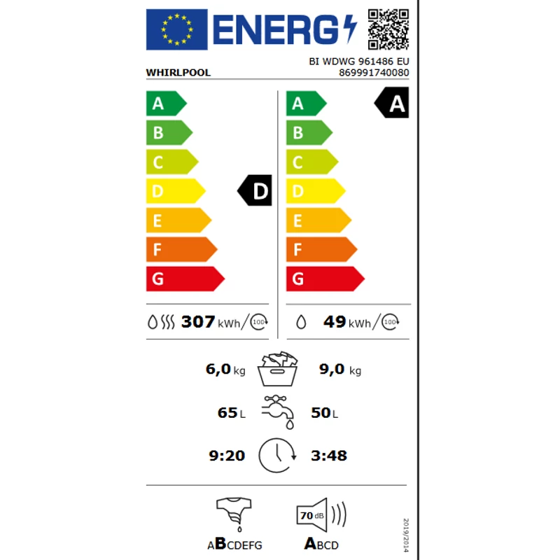 Whirlpool BI WDWG 961486 EU beépíthető mosó-szárítógép 9/6kg